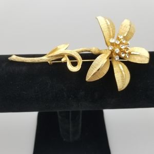 B.S.K. Gold Tone HUGE Flowered Rhinestone Brooch